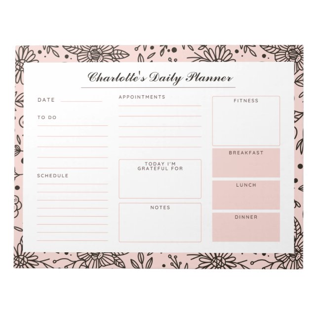 Pastel Pink Floral Print Custom Daily Desk Planner Notepad (Front)