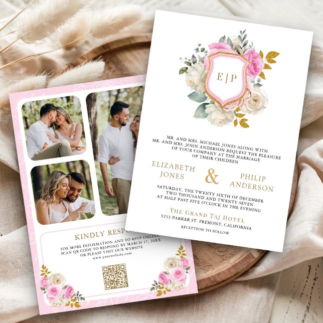 Pastel Pink Floral QR Code Photo Crest Wedding Invitation (Creator Uploaded)