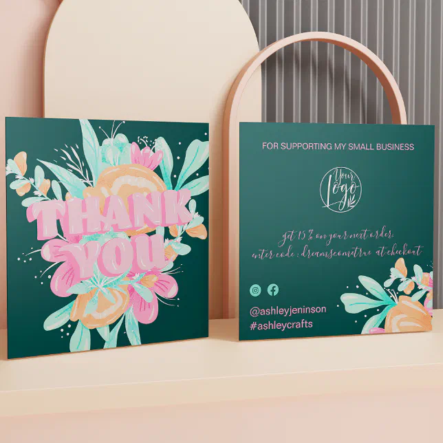 Pastel pink floral retro script order thank you square business card ...