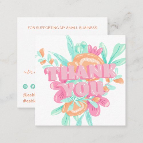 Pastel pink floral retro script order thank you  square business card