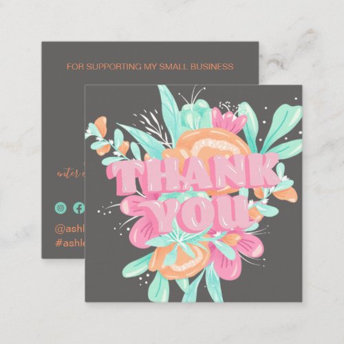 Pastel pink floral retro script order thank you square business card