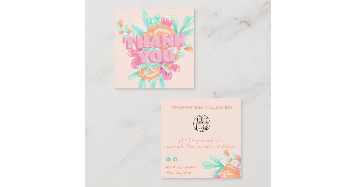 Pastel pink floral retro script order thank you square business card ...