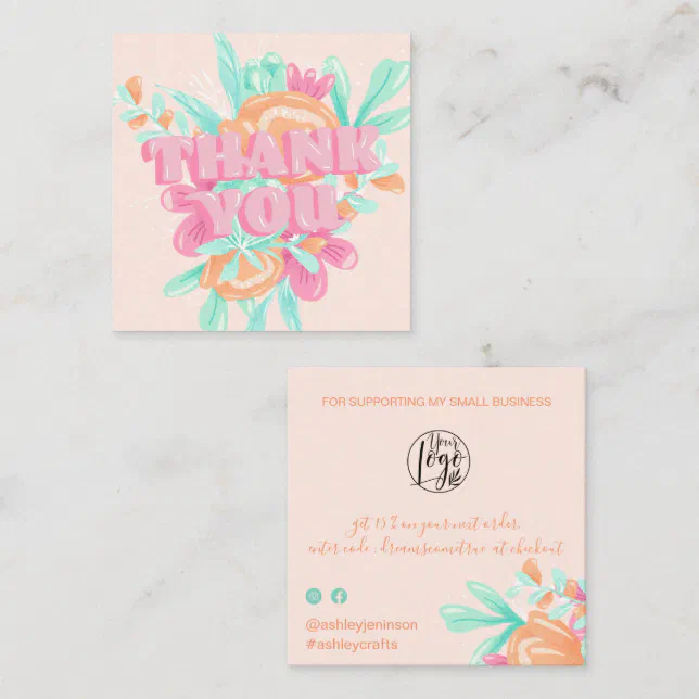 Pastel pink floral retro script order thank you square business card ...