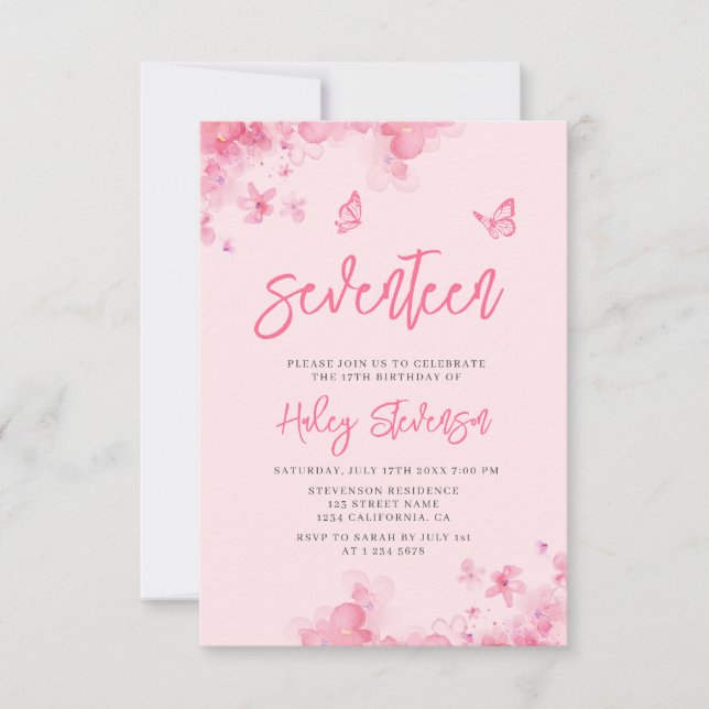 Pastel pink floral soft watercolor 17th Birthday Invitation (Front)