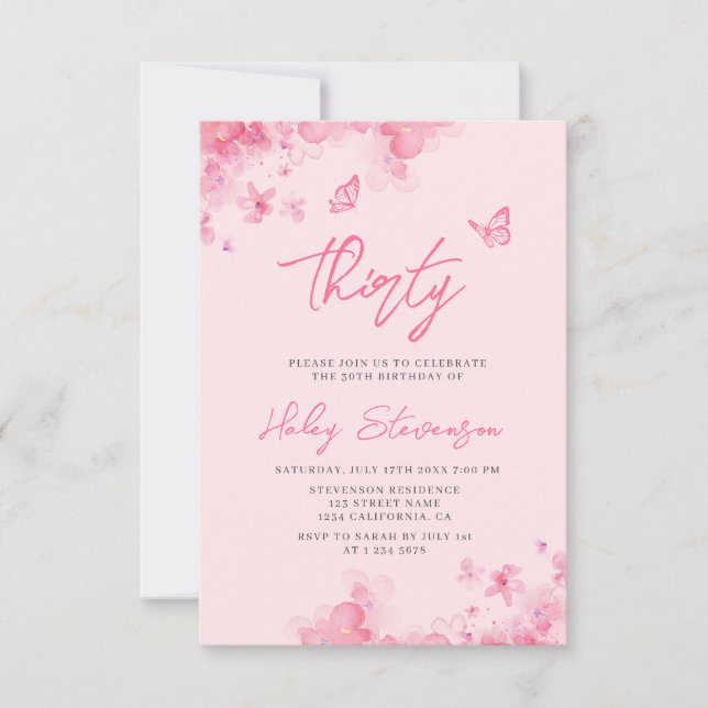 Pastel pink floral soft watercolor 30th Birthday Invitation (Front)