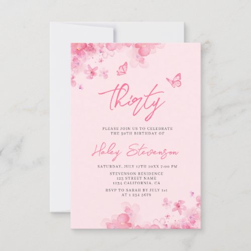 Pastel pink floral soft watercolor 30th Birthday Invitation