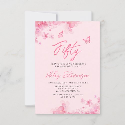 Pastel pink floral soft watercolor 50th Birthday Invitation