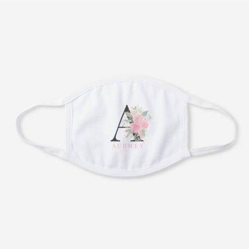 Pastel pink floral watercolor flowers monogram white cotton face mask