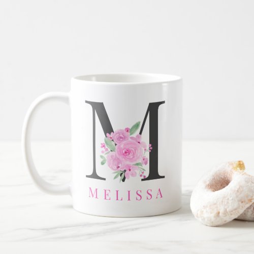 Pastel pink floral watercolor monogram name coffee mug