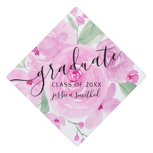 Pastel pink floral watercolor typography graduate graduation cap topper