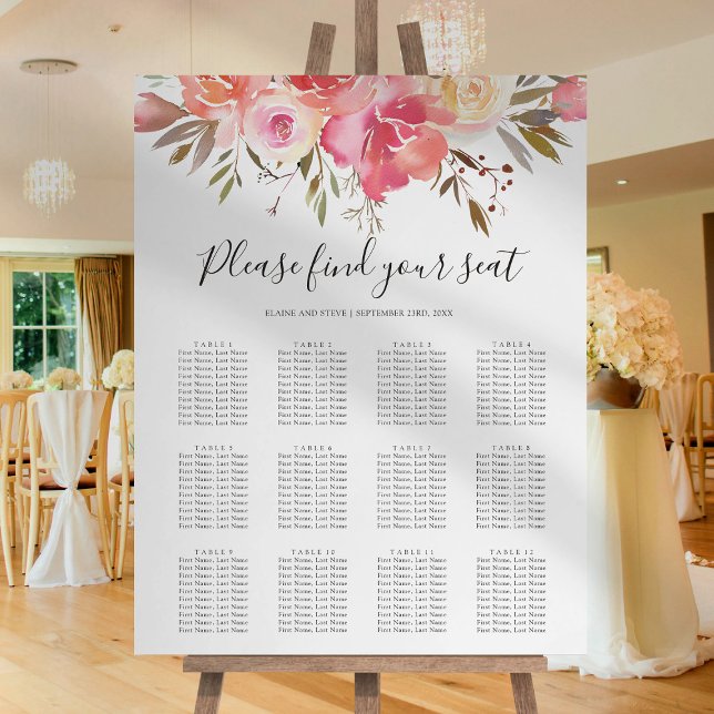 Pastel Pink Floral Wedding 12 Table Seating Chart Foam Board (Creator Uploaded)
