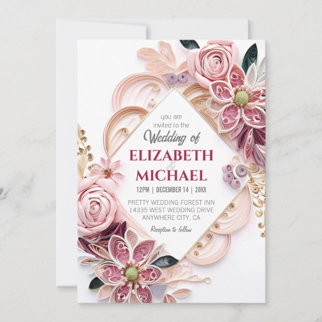 Pastel Pink Floral Wedding Frame Paper Quilling Invitation (Front)
