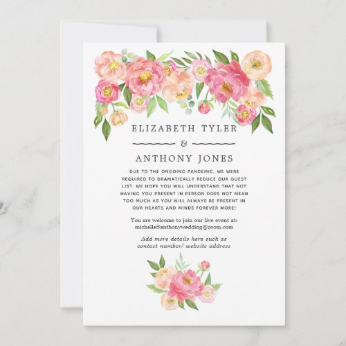 Pastel Pink Floral Wedding Reduced Guest List Announcement