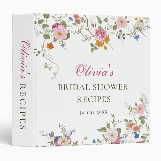 Pastel Pink Floral Wildflower Bridal Shower Recipe 3 Ring Binder (Front/Spine)