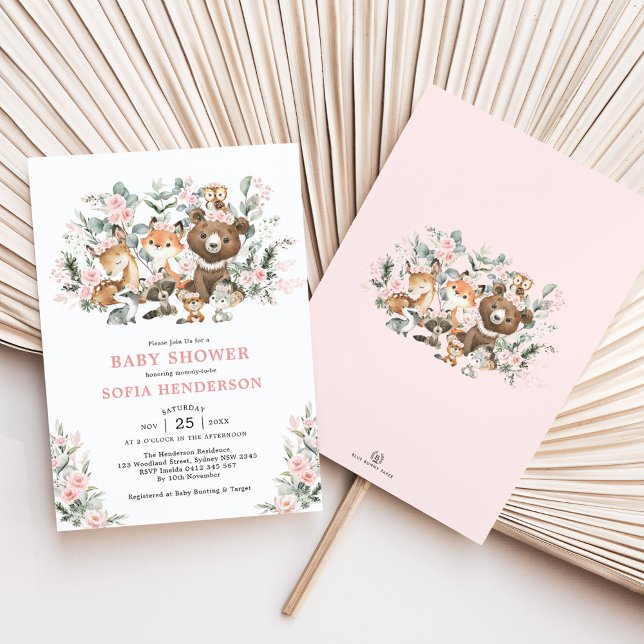 Pastel Pink Floral Woodland Animals Baby Shower Invitation (Creator Uploaded)
