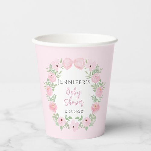 Pastel pink floral wreath boho baby girl shower paper cups
