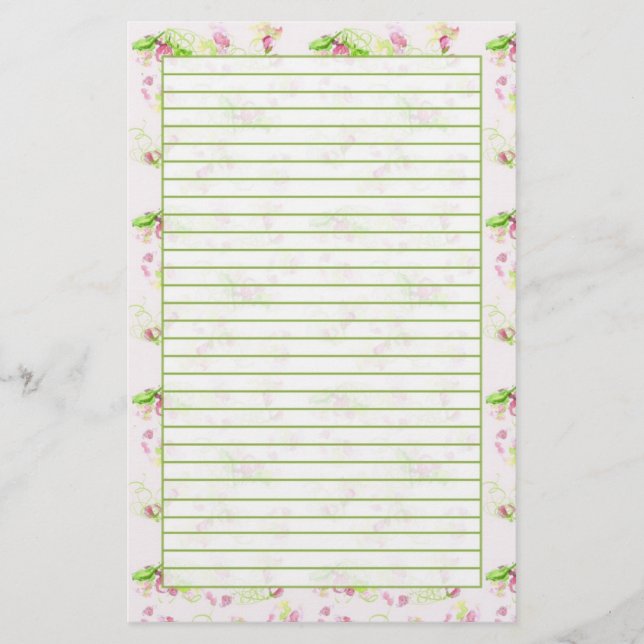 Pastel Pink Flower Blossom Spring Green Lined Stationery (Front)