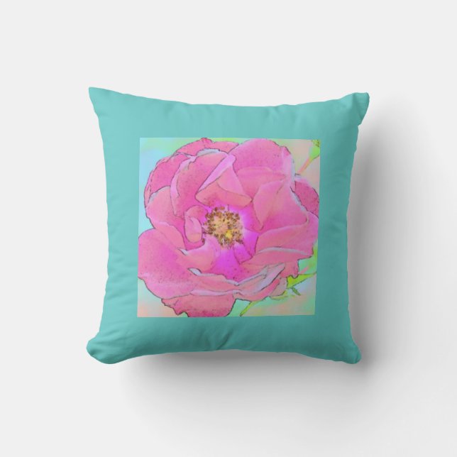 Pastel pink flower-Light Blue Border Throw Pillow (Front)