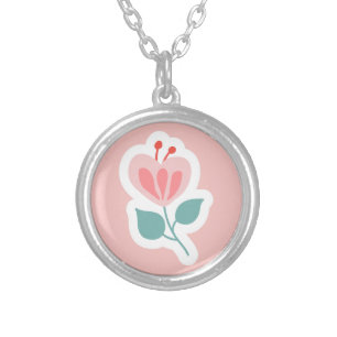 Pastel pink flower petal cartoon silver plated necklace