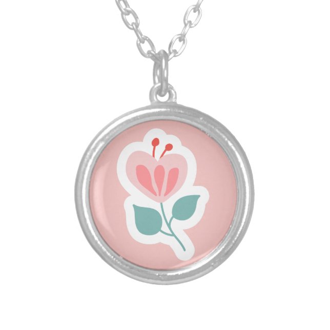 Pastel pink flower petal cartoon silver plated necklace (Front)