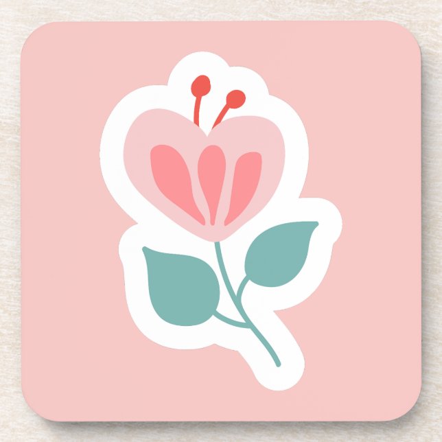 Pastel pink flower petal with stem beverage coaster (Front)