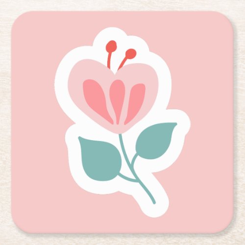 Pastel pink flower petal with stem square paper coaster