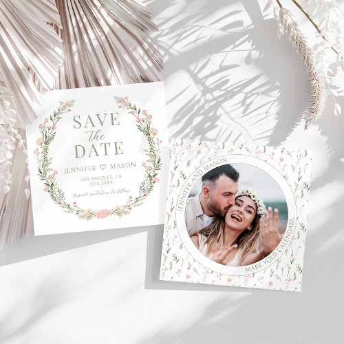 Pastel pink flower Save the Date photo invitation