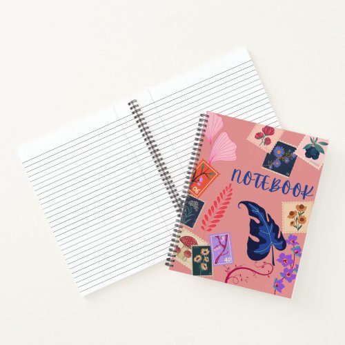 Pastel Pink Flower Stamp themed wide ruled Notebook