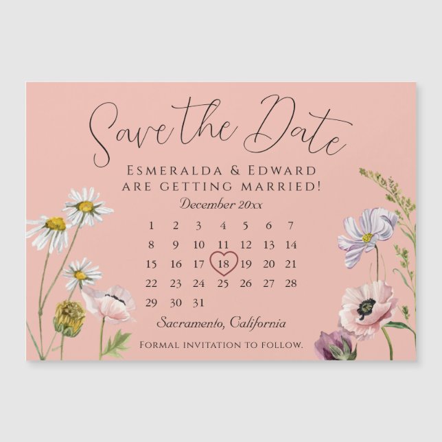 Pastel Pink Flower Wedding Calendar Save The Date (Front)