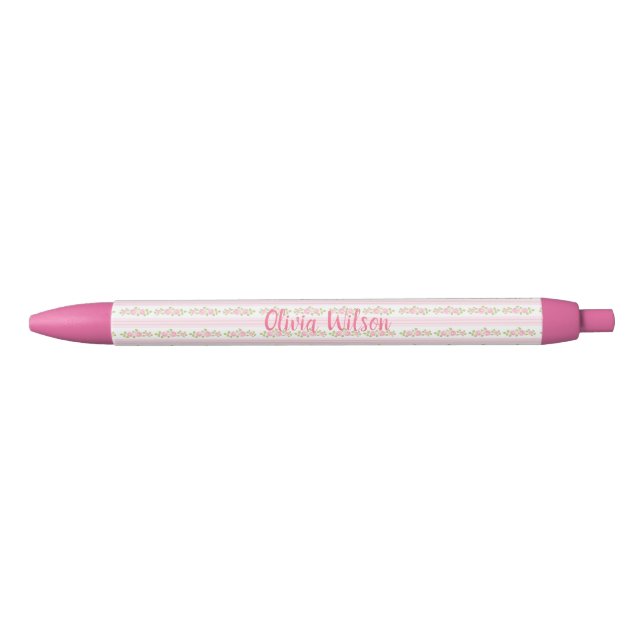 Pastel Pink Flowers and Stripes Coquette Monogram Pen (Front)