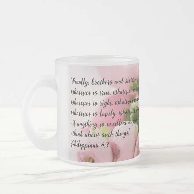 Pastel Pink Flowers Bible Verse Frosted Glass Coffee Mug (Left)