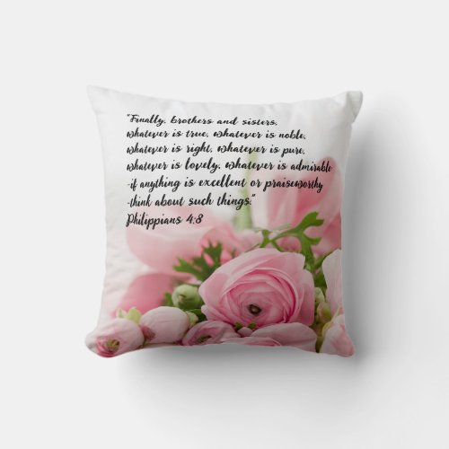 Pastel Pink Flowers Bible Verse Throw Pillow