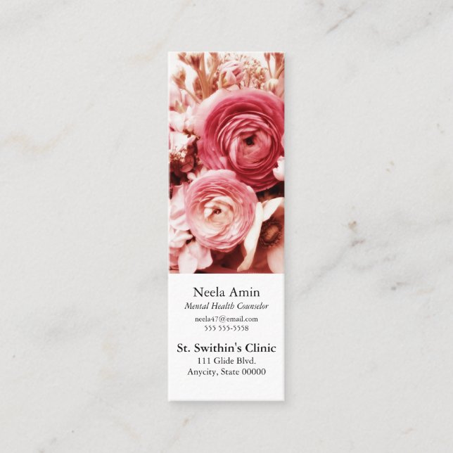 Pastel pink flowers bookmark mini business card (Front)