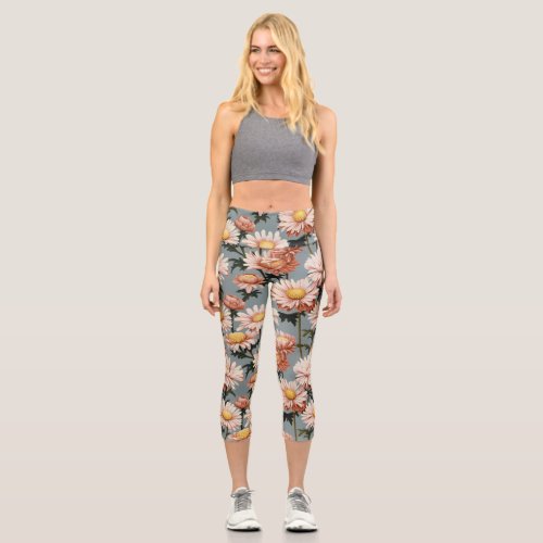 Pastel Pink Flowers Capri Leggings