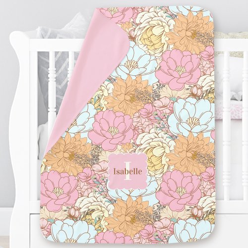 Pastel Pink Flowers Floral Pattern Name Monogram Baby Blanket