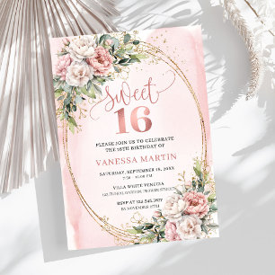 Pastel Pink Flowers Greenery 16th Birthday Invites