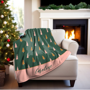 Pastel Pink & Forest Green Trees Holiday Fleece Blanket