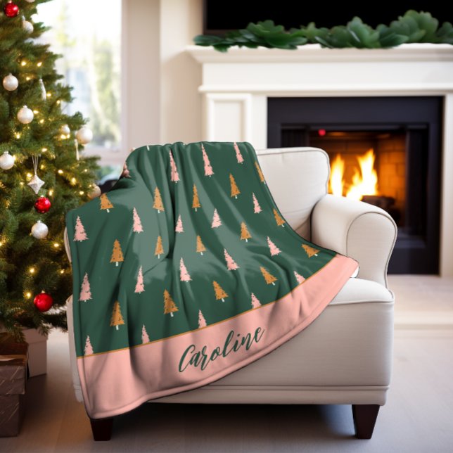 Pastel Pink & Forest Green Trees Holiday Fleece Blanket (Creator Uploaded)