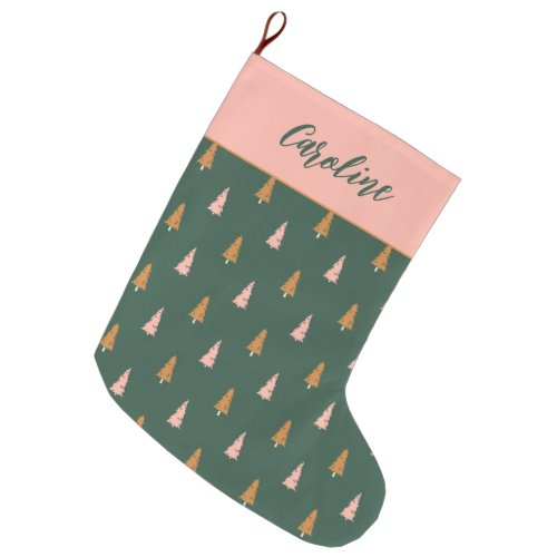Pastel Pink  Forest Green Trees Holiday Large Christmas Stocking