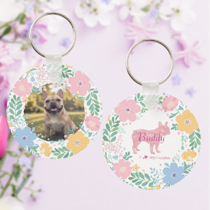 Pastel Pink French Bulldog Silhouette Floral Photo Keychain