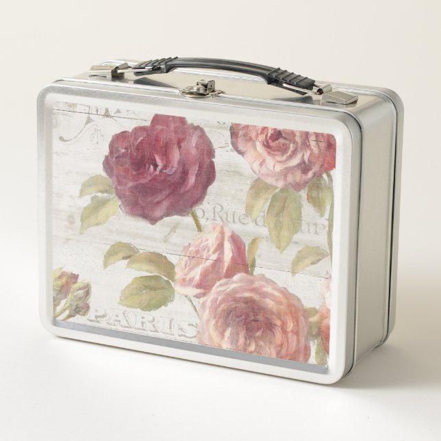 Pastel Pink French Roses Metal Lunch Box (Front)