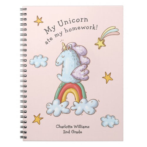 Pastel Pink Funny Unicorn Ate My Homework Notebook