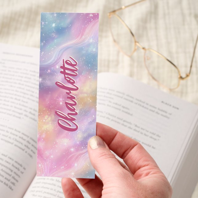 Pastel Pink Galaxy Sparkle Personalized Bookmarks (Hand)