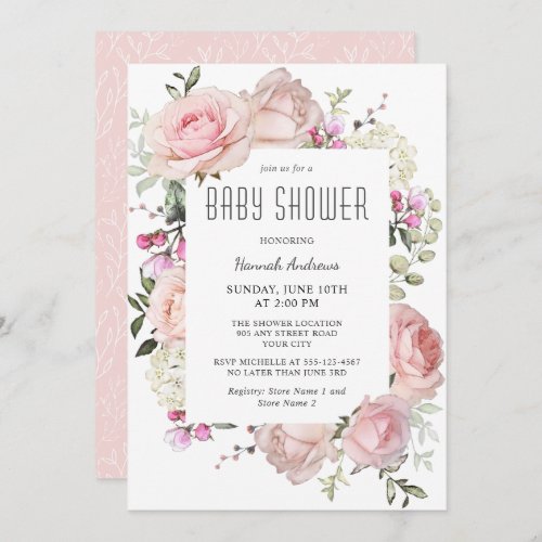 Pastel Pink Garden Roses Baby Shower for Girl Invitation