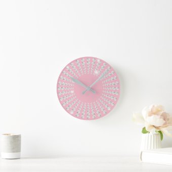 Pastel Pink Gem Crystal Diamond White Round Clock | Zazzle