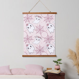 Pastel Pink Ghost Halloween Kawaii Pattern Hanging Tapestry