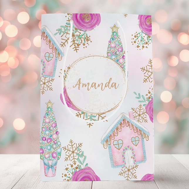 Pastel Pink Gingerbread Personalized Christmas Medium Gift Bag (Personalized Pink Gingerbread Christmas Gift Bag)