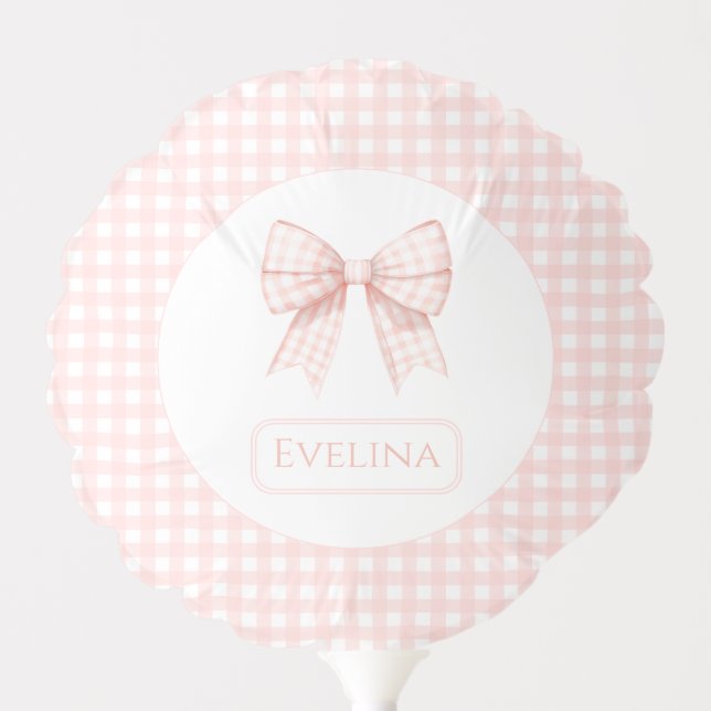 Pastel pink gingham bow ribbon baby girl balloon (Front)