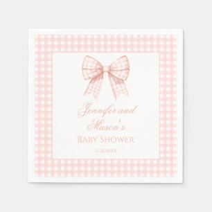 Pastel pink gingham bow ribbon baby girl shower napkins