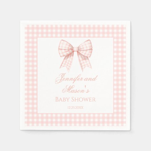 Pastel pink gingham bow ribbon baby girl shower napkins